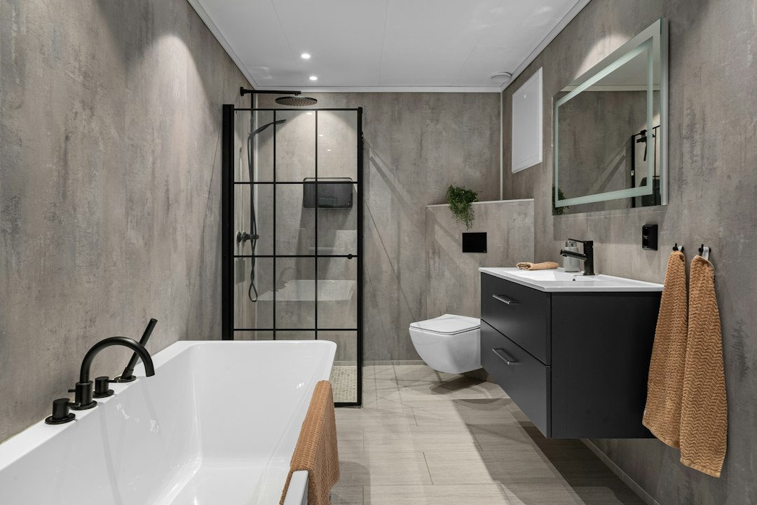 large format gray porcelain tile floor 24x48 modern bathroom