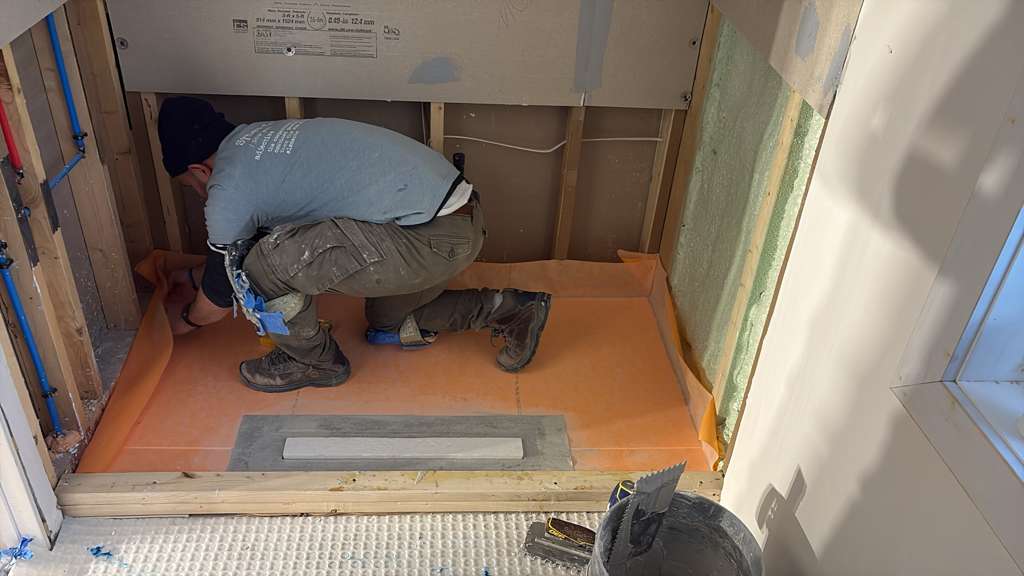 Kerdi shower pan during waterproofing before tile